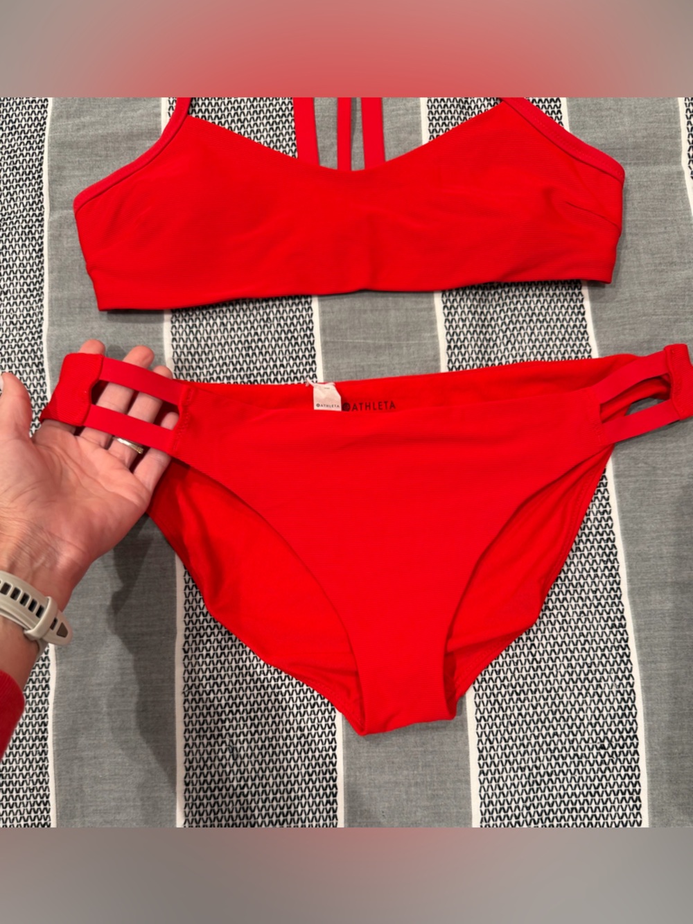 Athleta Cloudbreak Rib Strappy Bikini top M and bottoms L worn 2x Red - Picture 2 of 10